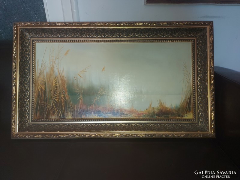 Fegyó Béla: " Nádas", festmény, olaj, farost, 35x70 cm+ gyönyörű kerete, 49x84 cm!