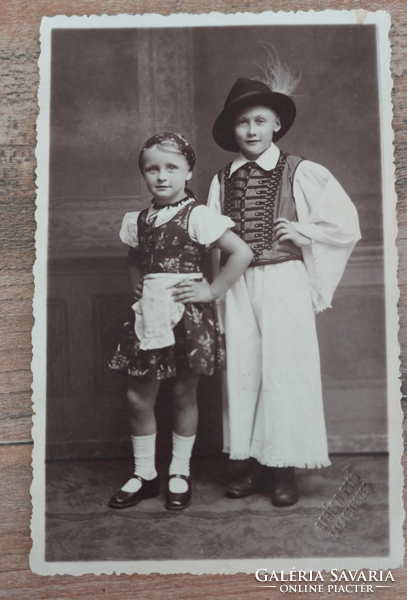 Old vintage photo from Serény, Zalaegerszeg: a couple of children in Hungarian clothes, black and white photo postcard