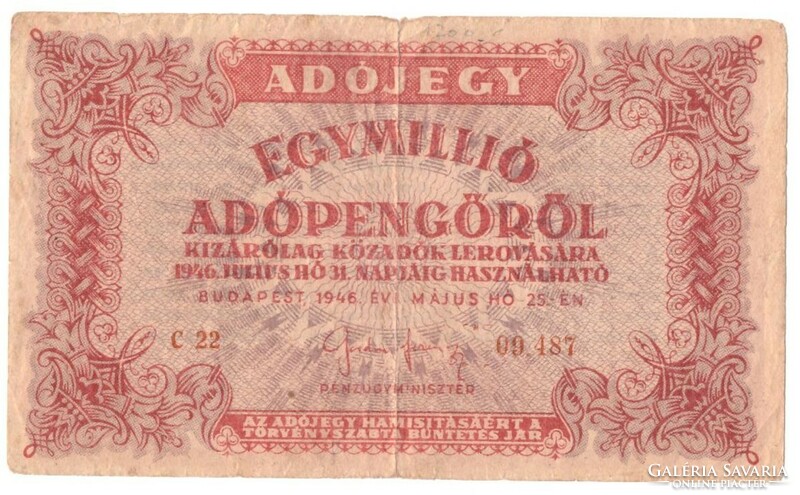 1000000 egymillió 1 millió adópengő sorszámos, vízjeles 1946 1.