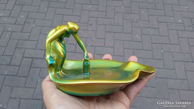 Lajos Mack: water-immersing woman - Zsolnay eosin bowl, 16 x 14 cm