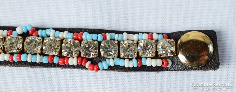 Old bracelet retro jewelry 18 cm glass, pearl, metal, leather jewelry / chihuahua fox collar /