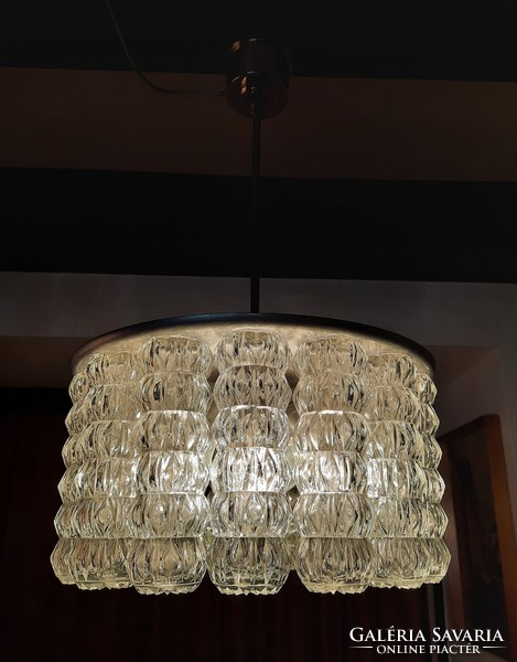 Special vintage Doria chandelier with 15 molded glass cylinders, 4-burner pendant lamp