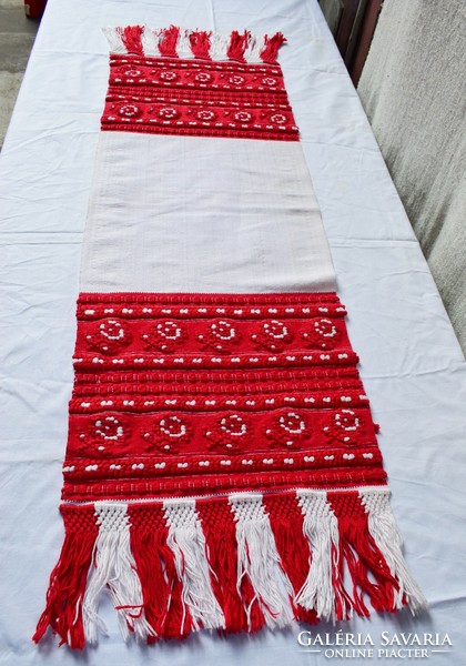 Woven linen Transylvanian runner, decorative tablecloth 101 x 36 cm + 2x 14 cm fringe