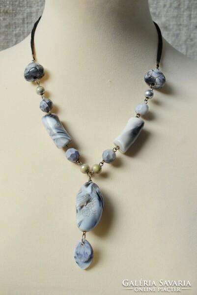Old necklace retro jewelry 64 cm with plastic beads, metal, leather jewelry