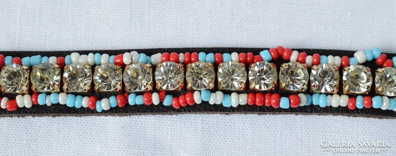 Old bracelet retro jewelry 18 cm glass, pearl, metal, leather jewelry / chihuahua fox collar /