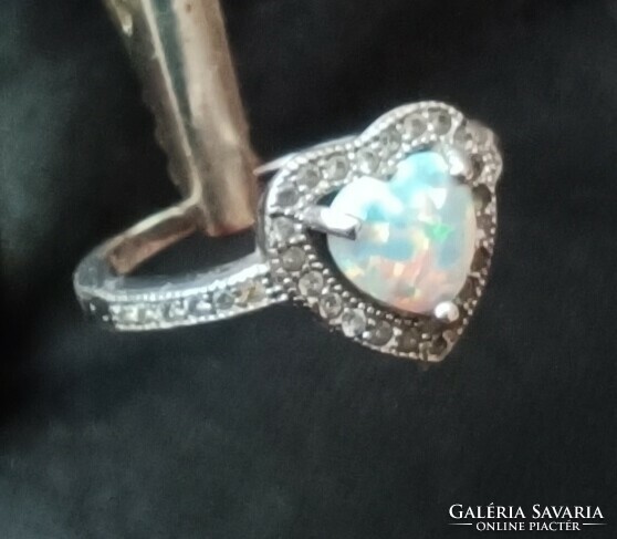 Marked silver ring with synthetic opal and zirconia approx. 16 mm.