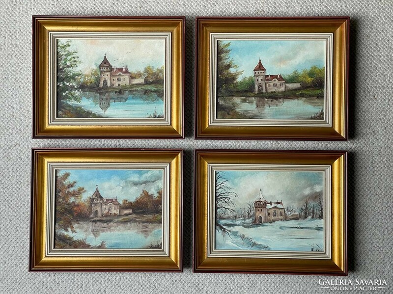 4 pictures for the price of 1 oil painting with a castle and a small lake in 4 seasons