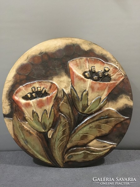 Terracotta large industrial art wall plate with eosin imprint!!! 36 cm!!!