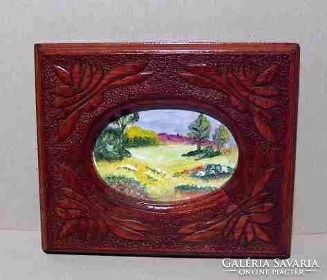 Miniature painting, oil, in a beautifully carved hardwood frame