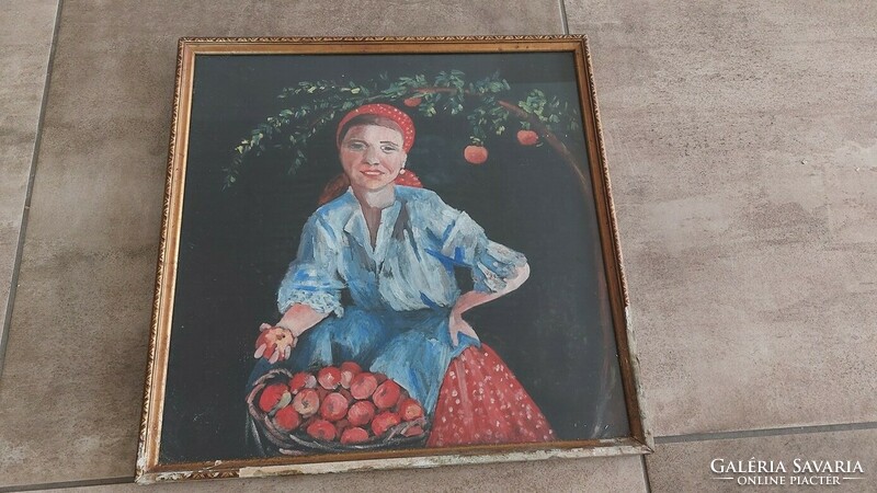 (K) Nő gyümölcsökkel festmény 47x48 cm kerettel