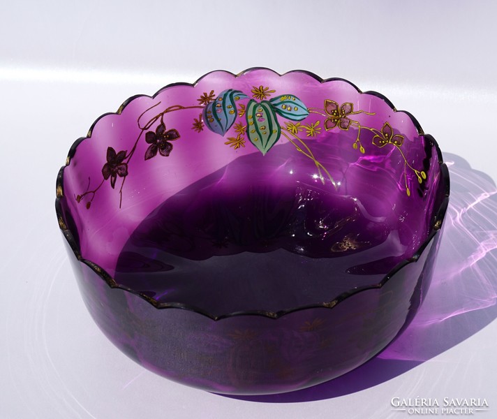 Nagyméretű antik Moser ametiszt levendula lila művész üveg mély tál asztalközép