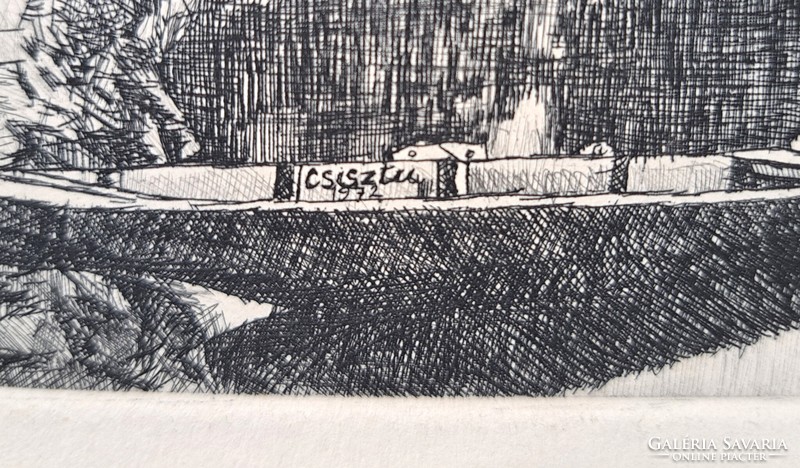 Mihály Csisztu: boat on the water - etching