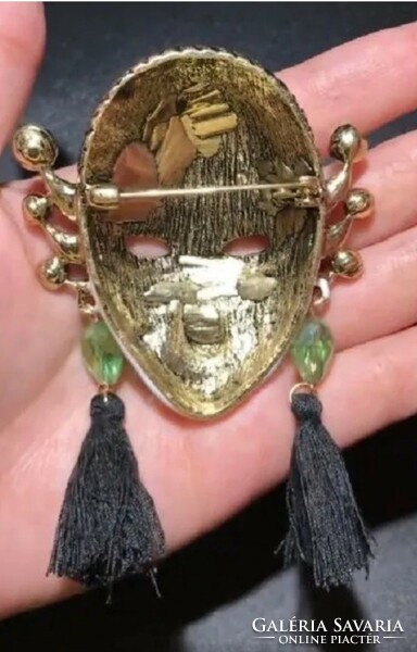 Fire enamel mask brooch, large size