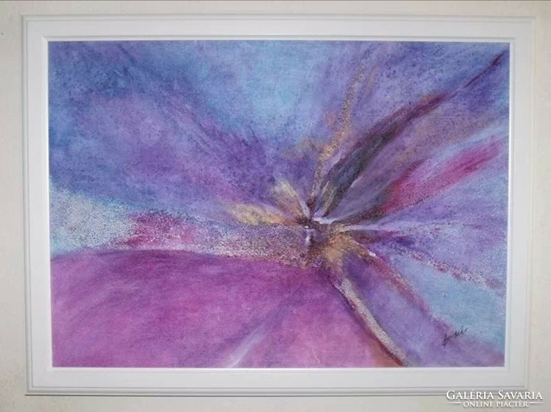 Éva Bodnár: purple flower, abstract, acrylic, wood fiber, 50x70 cm