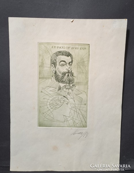 János Kass: portrait of Pavlov - etching - portrait of a Russian doctor