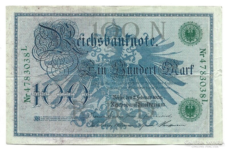 100 márka 1908 zöld sorszám Németország 3.