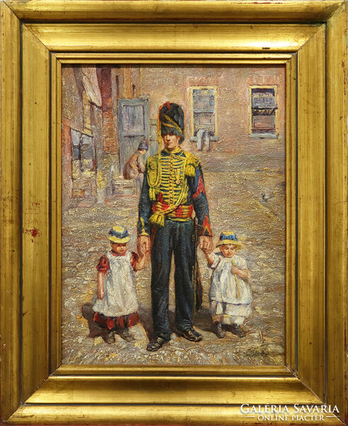 Unknown painter - Dutch soldier with two little girls