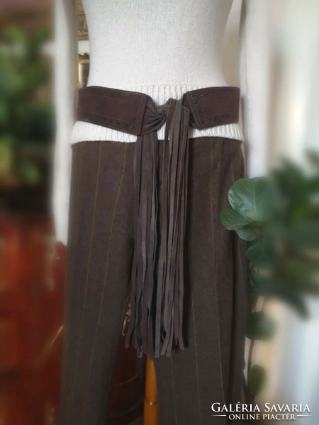 Leather belt, 38 chocolate brown, suede leather fringe