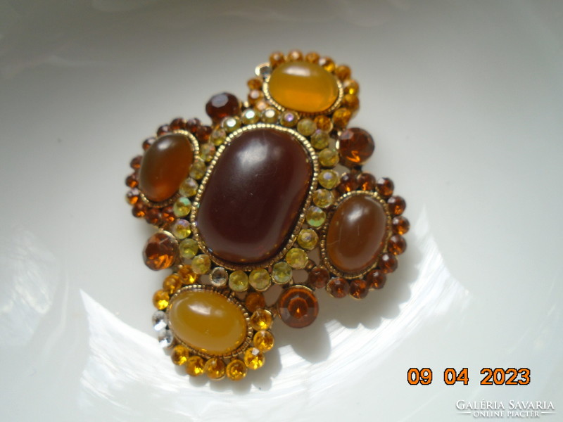 Antique spectacular gilded brooch pendant textured with amber colored stones