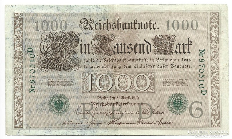 1000 Marka 1910 6-digit green serial number!!! Germany is rare