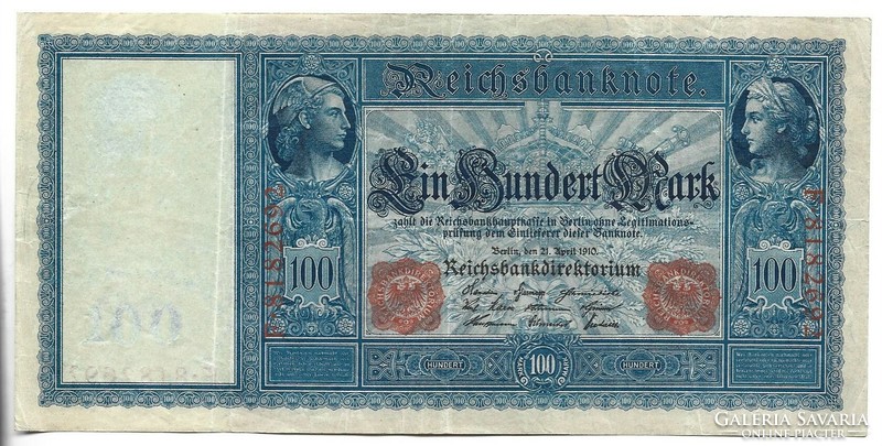 100 márka 1910 fehér papír Németország 3.