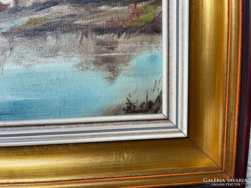 4 db kép 1 db áráért Olaj festmény Kastéllyal és kis tóval 4 évszakban