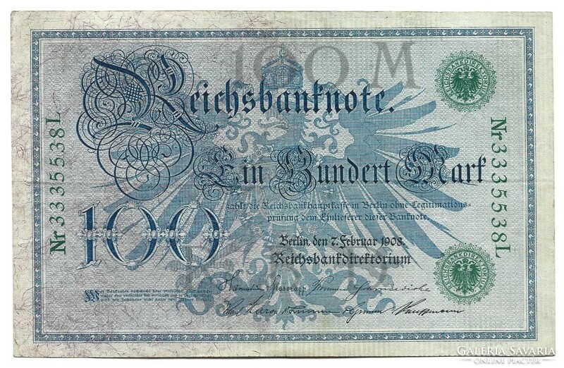 100 Mark 1908 green serial number Germany 1.