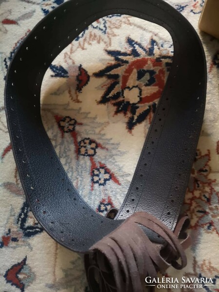 Leather belt, 38 chocolate brown, suede leather fringe