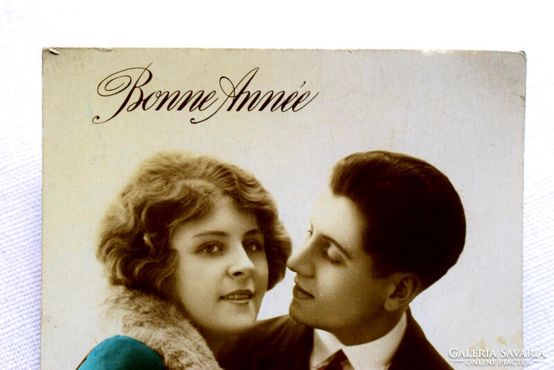 Antik Újévi üdvözlő romantikus színezett fotó képeslap