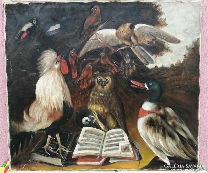 The poultry yard and the birds of the wild, at the joint education given by the wise owl, oil painting.