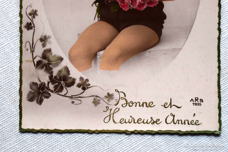 Old New Year greeting colored photo postcard small child rose bouquet