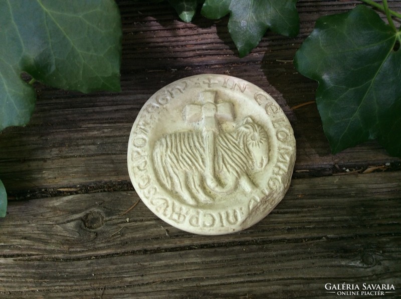 Beautiful small stone-like clay tile cross-bearing lamb plaque, copy