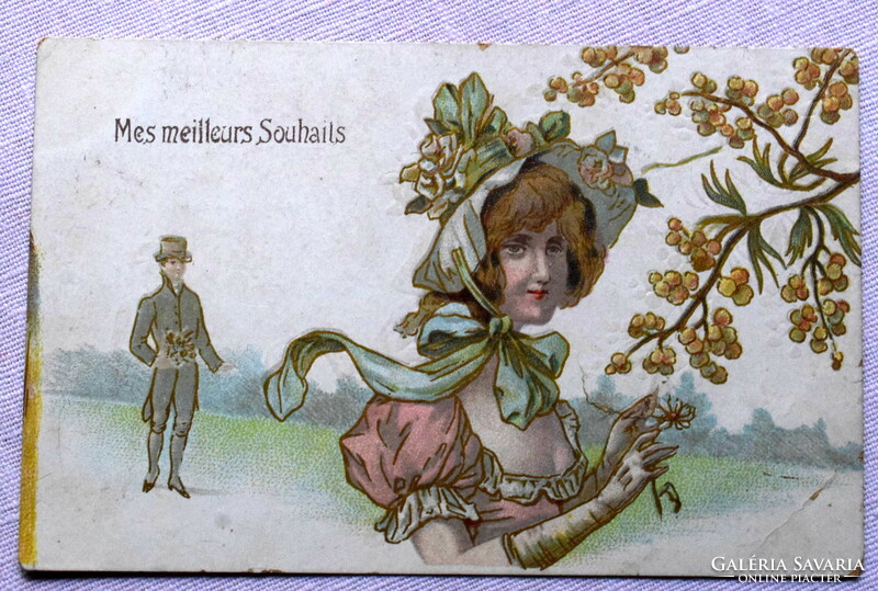 Antik romantikus grafikus üdvözlő képeslap   sérült!