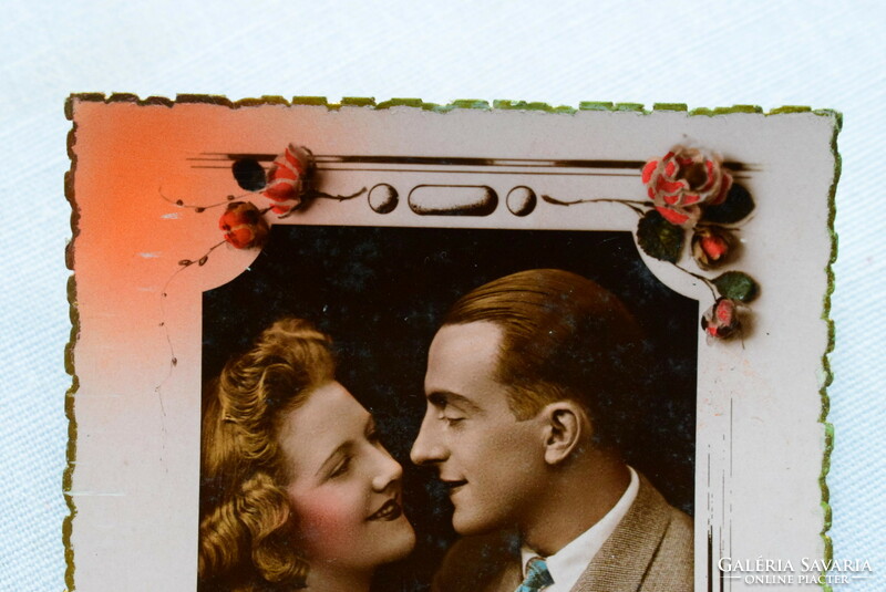 Régi romantikus színezett fotó képeslap  St Miklós ünnepére