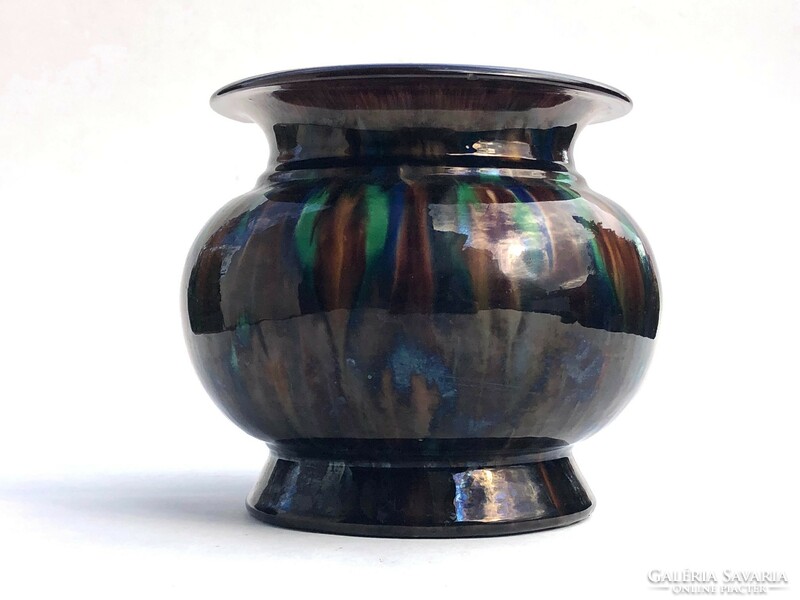 Gyönyörű "cirmos" gömbölyű, karimás  mezőtúri kerámia váza ép állapotban (jelzett)