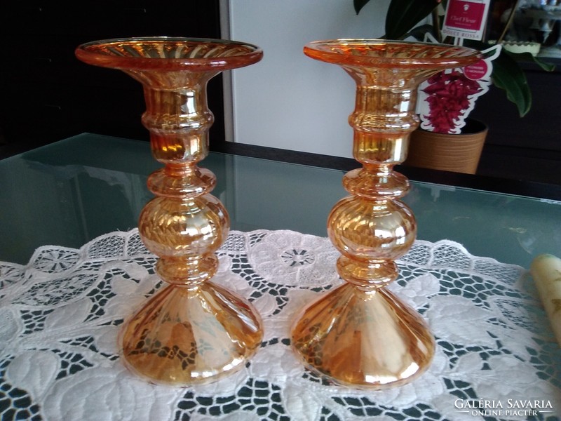 Extremely modern villeroy & boch blown glass candle holders in shimmering peach.