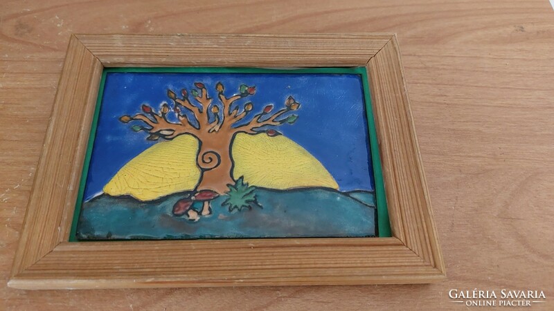 (K) small fire enamel picture with 15x11 cm frame