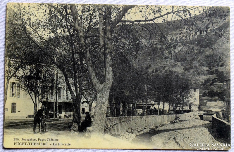 Antique French photo postcard puget-théniers main square cycling ~1910