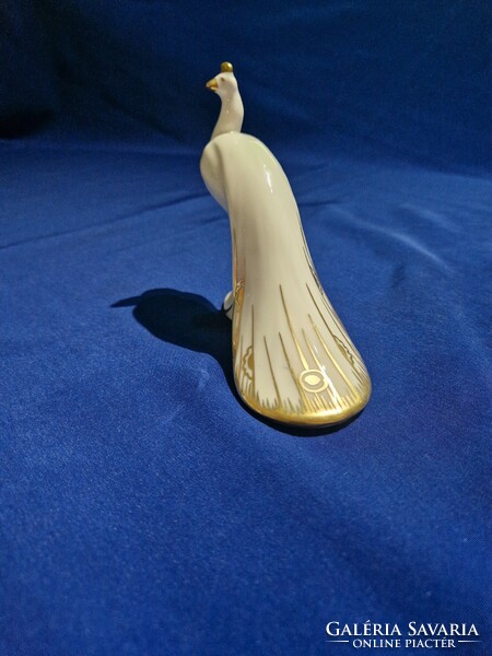 Kőbányi Drasche porcelán fehér arany festésű páva nipp figura