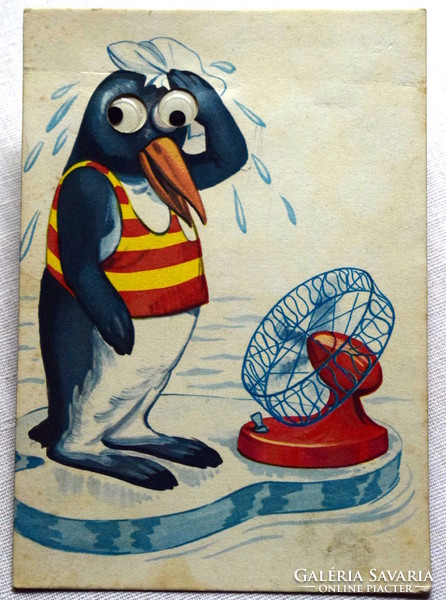 Régi humoros grafikus képeslap mozgatható szemű izzadó pingvin ventillátorral
