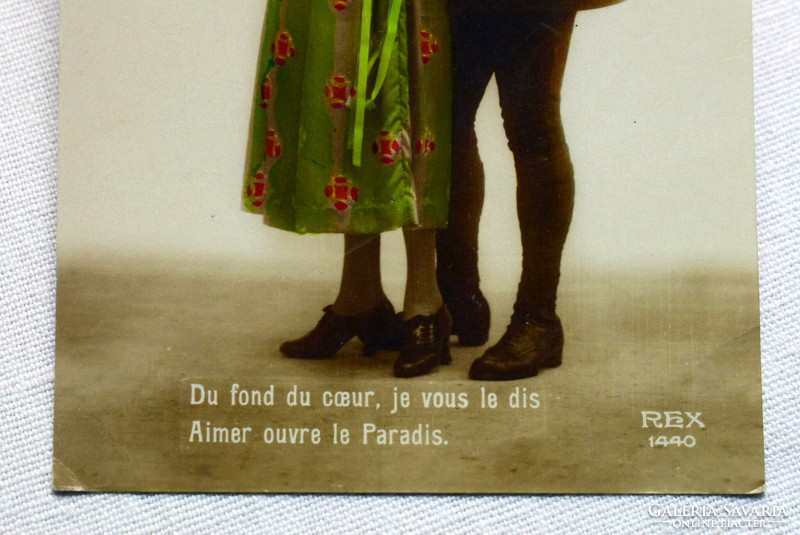 Antik üdvözlő romantikus színezett fotó képeslap udvarlás