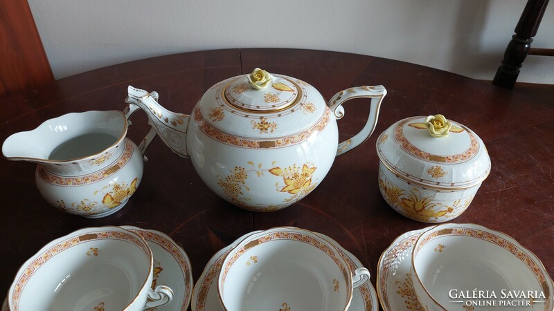 Herend tea set for 6 persons with lemon yellow Indian basket pattern, with large cups