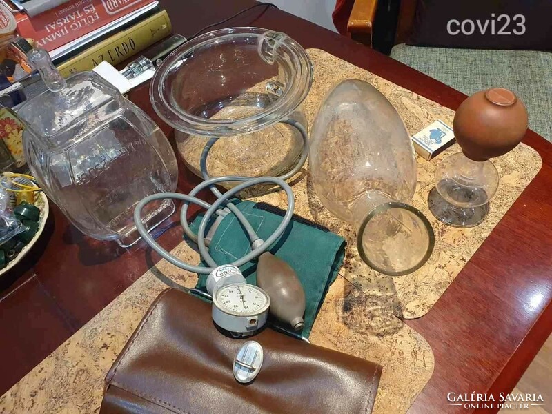 Retro medical devices for body fluids, blood pressure monitor, enema bottle, duck, breast pump, glass potty