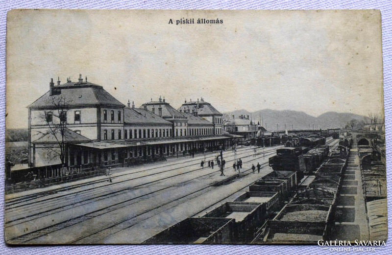 Antique photo postcard Piski (Transylvania) railway station Ádler fényirda, Saxon town 1912