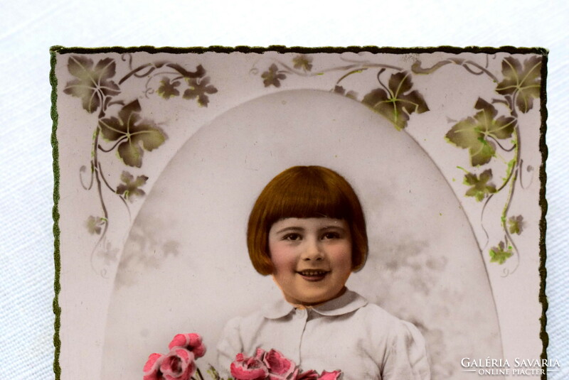 Old New Year greeting colored photo postcard small child rose bouquet