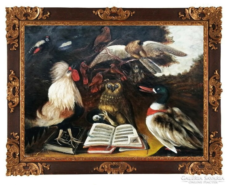 The poultry yard and the birds of the wild, at the joint education given by the wise owl, oil painting.