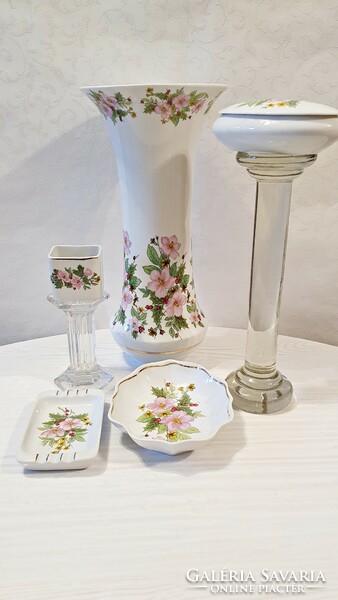 Old, flawless, pink-flowered 5-piece raven house set. Vase, serving bowl, ashtray, bonbonier ,.