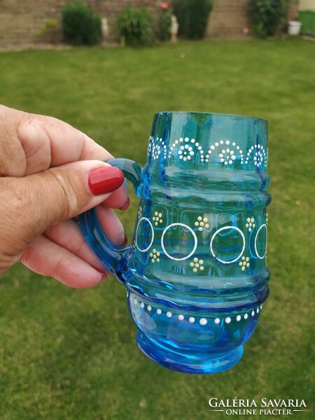 Blue glass, painted jug for sale!