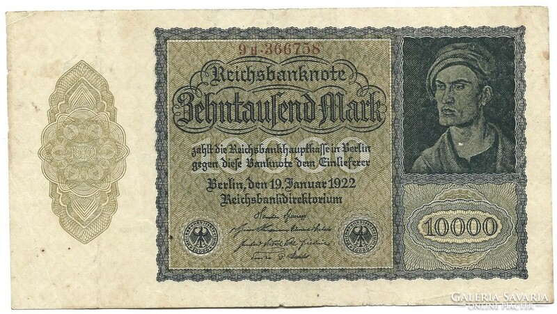 10000 márka 1922 kis méret magáncéges nyomtatás 6 jegyű sorszám Németország 1.