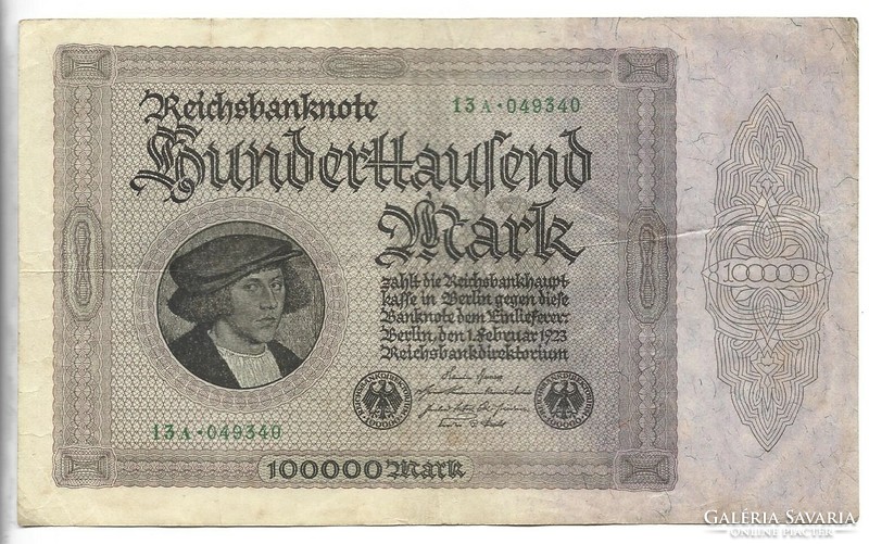 100000 márka 1923 magáncéges nyomtatás 6 jegyű sorszám Németország 1.